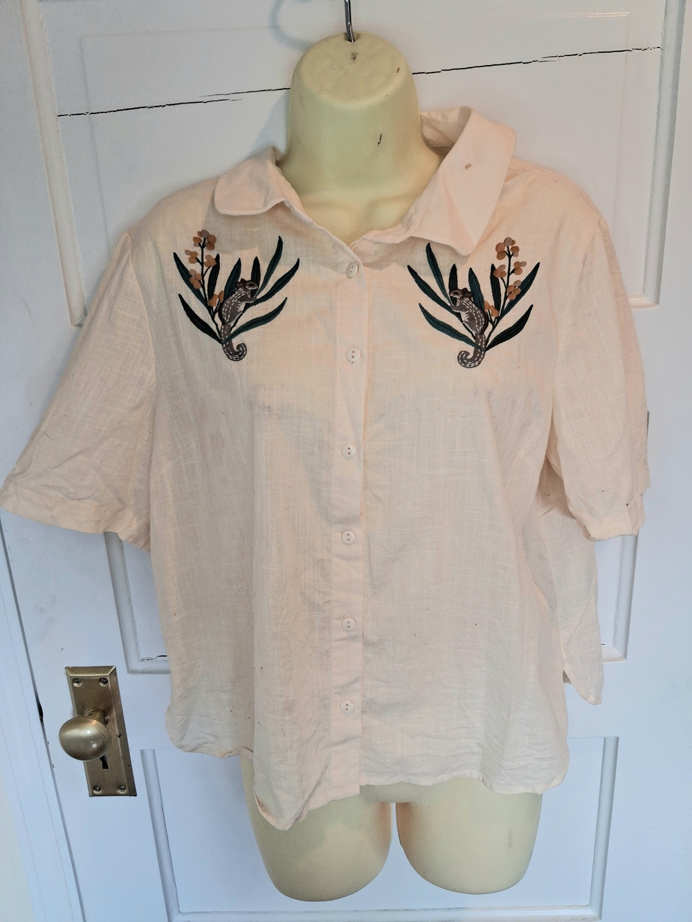 Embroidered Cream Button-Front Women's Shirt
